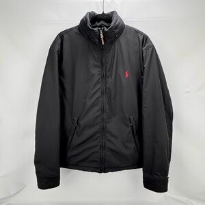 Polo by Ralph Lauren Black Fleece Puffer Jacket with Red Logo Sz L Hooded VTG